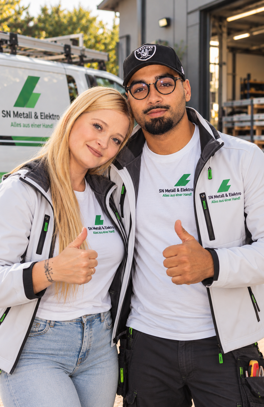 Zwei Personen in Arbeitskleidung von SN Metall & Elektro vor Werkstatt und Firmenfahrzeug